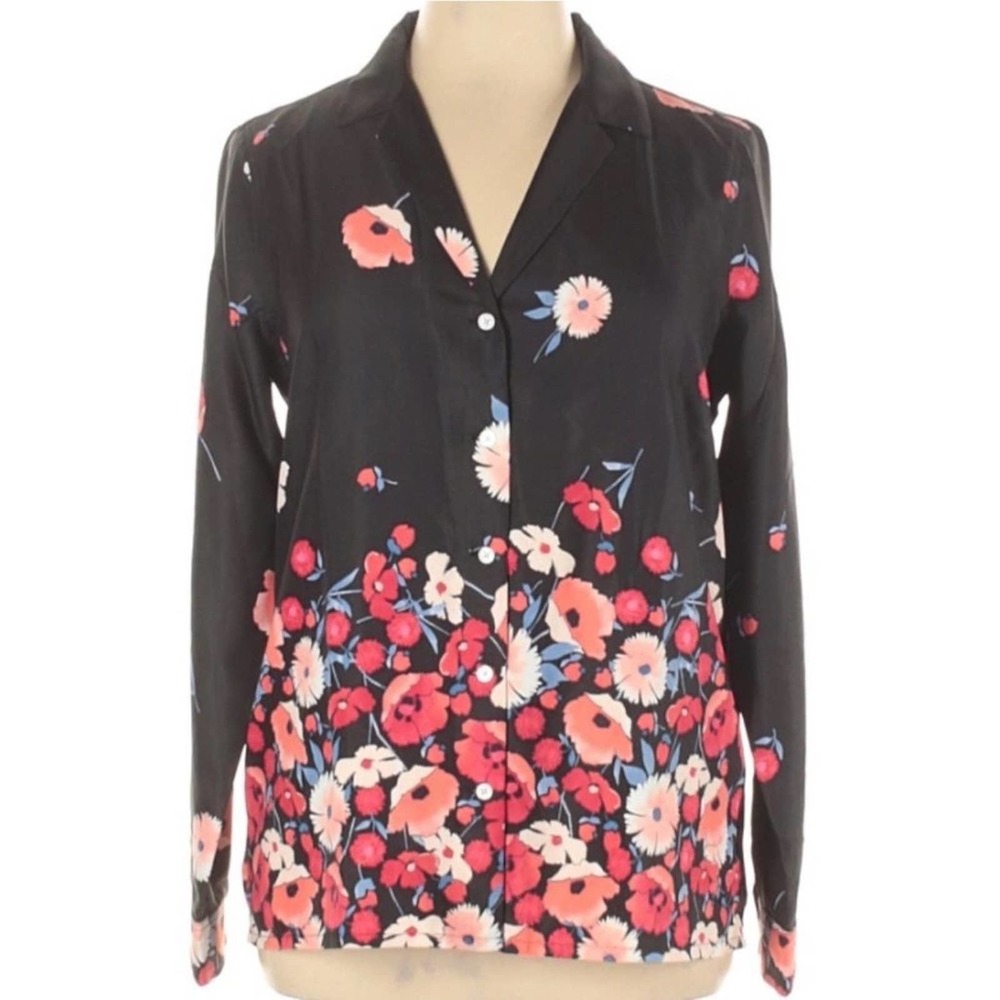 Tommy Hilfiger Blouse Black Floral Size XL Long Roll tab Sleeves Top Pink Flower